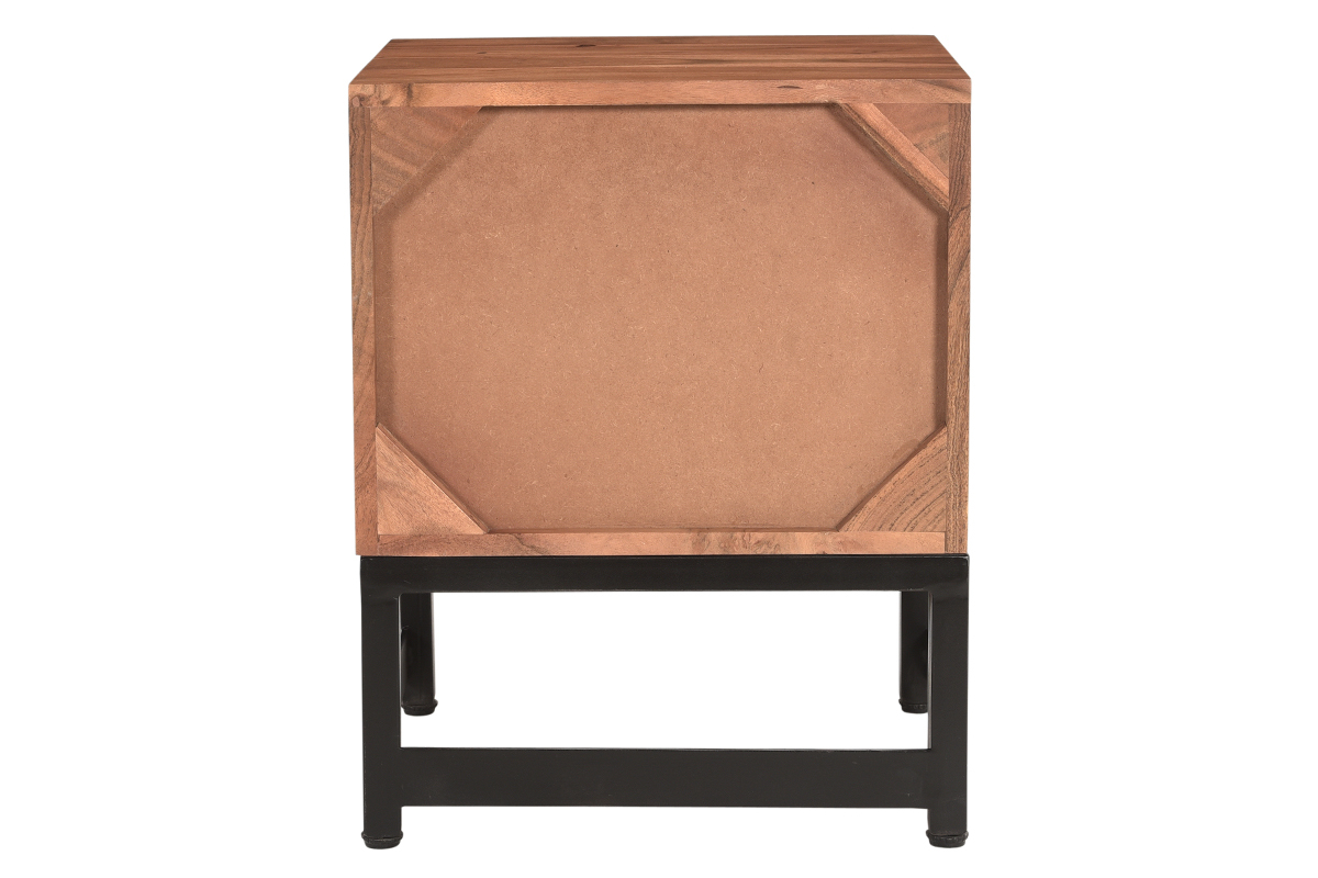 Table de chevet avec rangements 2 tiroirs � motifs chevrons en bois massif et m�tal noir STICK
