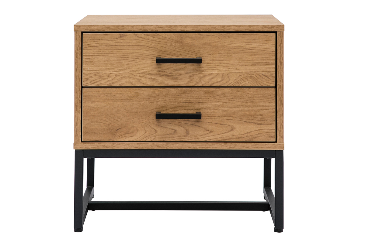 Table de chevet avec rangements 2 tiroirs finition bois clair ch�ne et m�tal noir LOVATO