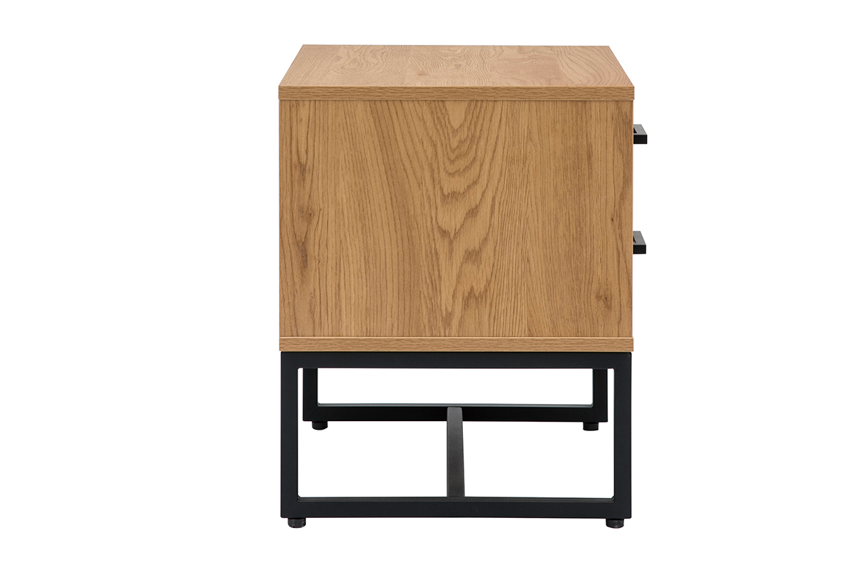 Table de chevet avec rangements 2 tiroirs finition bois clair ch�ne et m�tal noir LOVATO