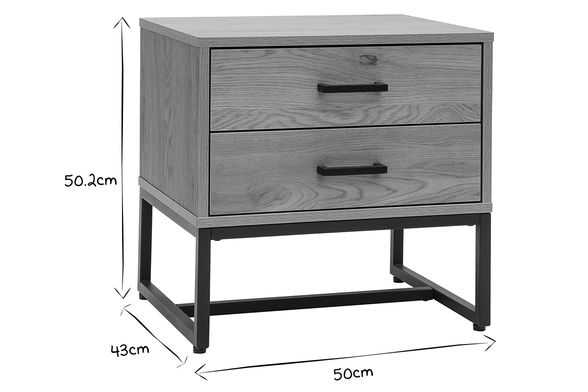 Table de chevet avec rangements 2 tiroirs finition bois clair ch�ne et m�tal noir LOVATO