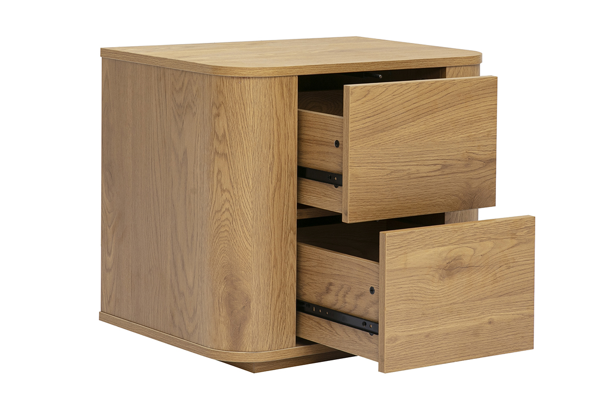Table de chevet avec 2 tiroirs en bois clair ch�ne, vue de trois quarts