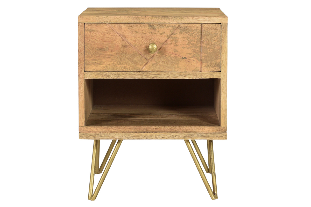 Table de chevet avec rangements bois manguier massif grav� et m�tal dor� LINIUM