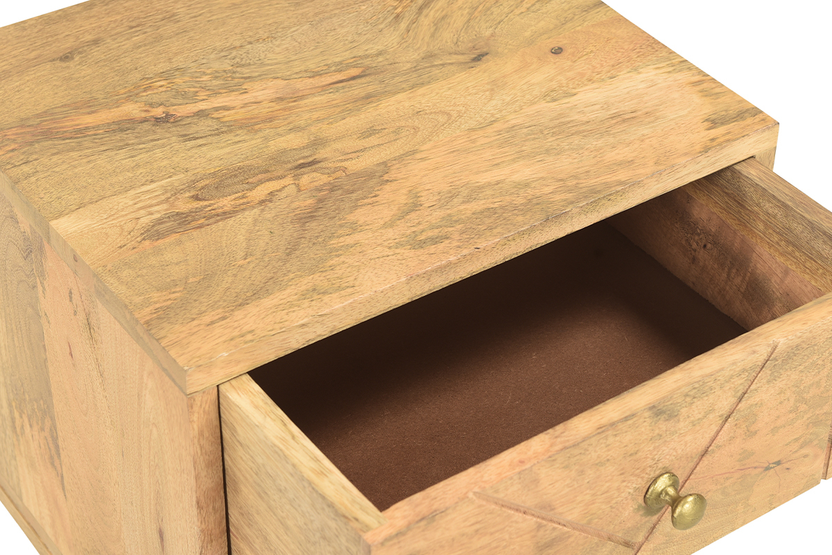 Table de chevet avec rangements bois manguier massif grav� et m�tal dor� LINIUM