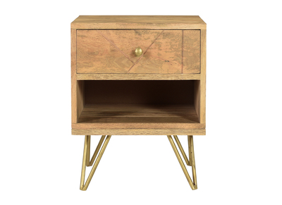 Table de chevet avec rangements bois manguier massif grav&eacute; et m&eacute;tal dor&eacute; LINIUM