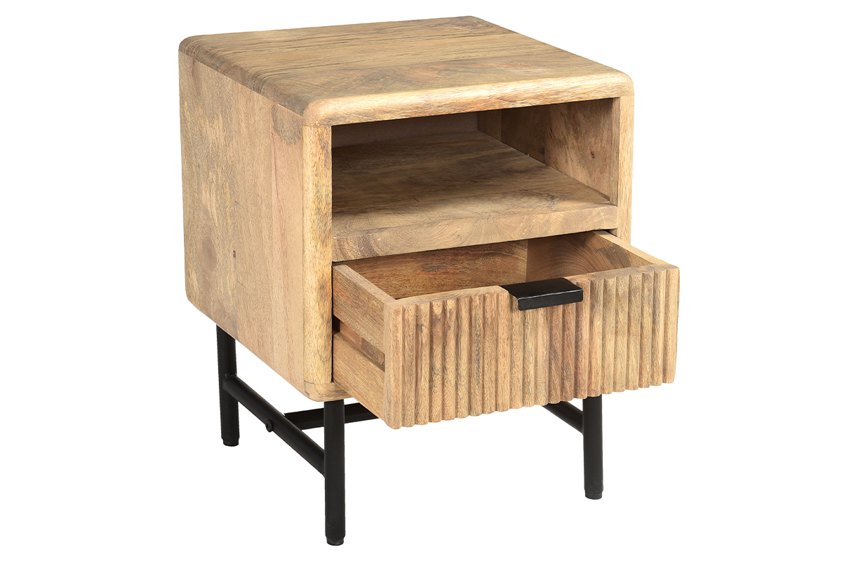 Table de chevet avec rangements bois manguier massif grav� et m�tal noir MORISSON