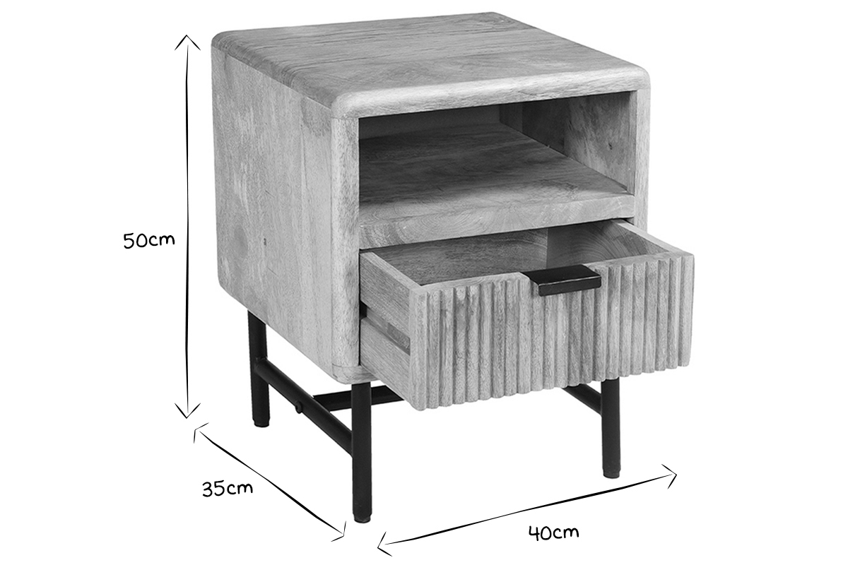 Table de chevet avec rangements bois manguier massif grav� et m�tal noir MORISSON