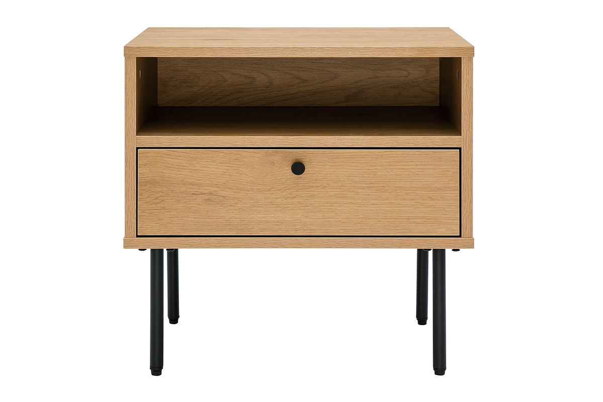 Table de chevet avec rangements finition bois clair ch�ne et m�tal noir PERNELLE