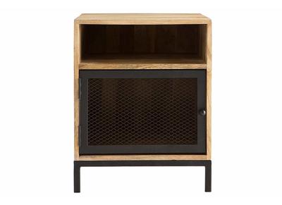 Table de chevet avec rangements industriel bois manguier massif et m&eacute;tal perfor&eacute; RACK