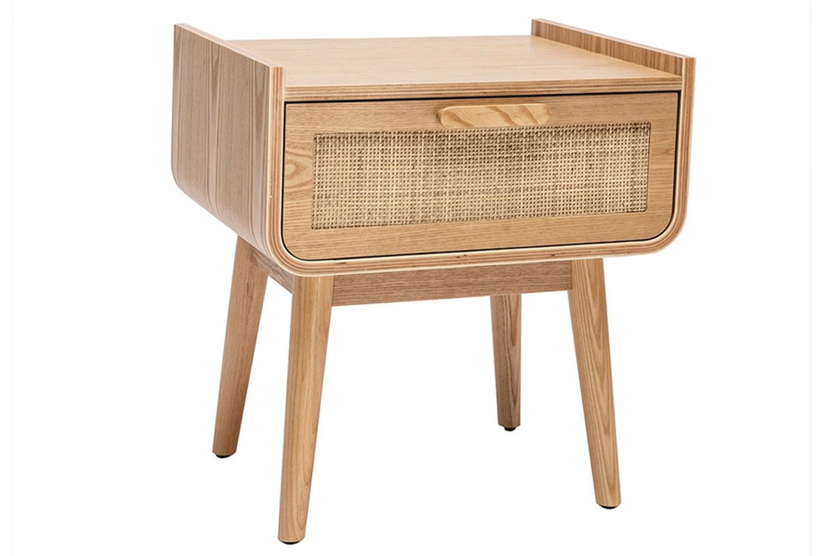 Table de chevet avec tiroir en bois clair fr�ne et cannage rotin ATH�NE