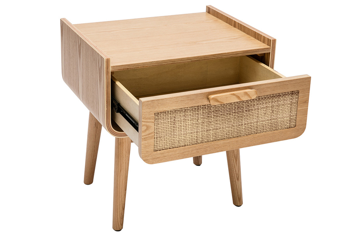 Table de chevet avec tiroir en bois clair fr�ne et cannage rotin ATH�NE