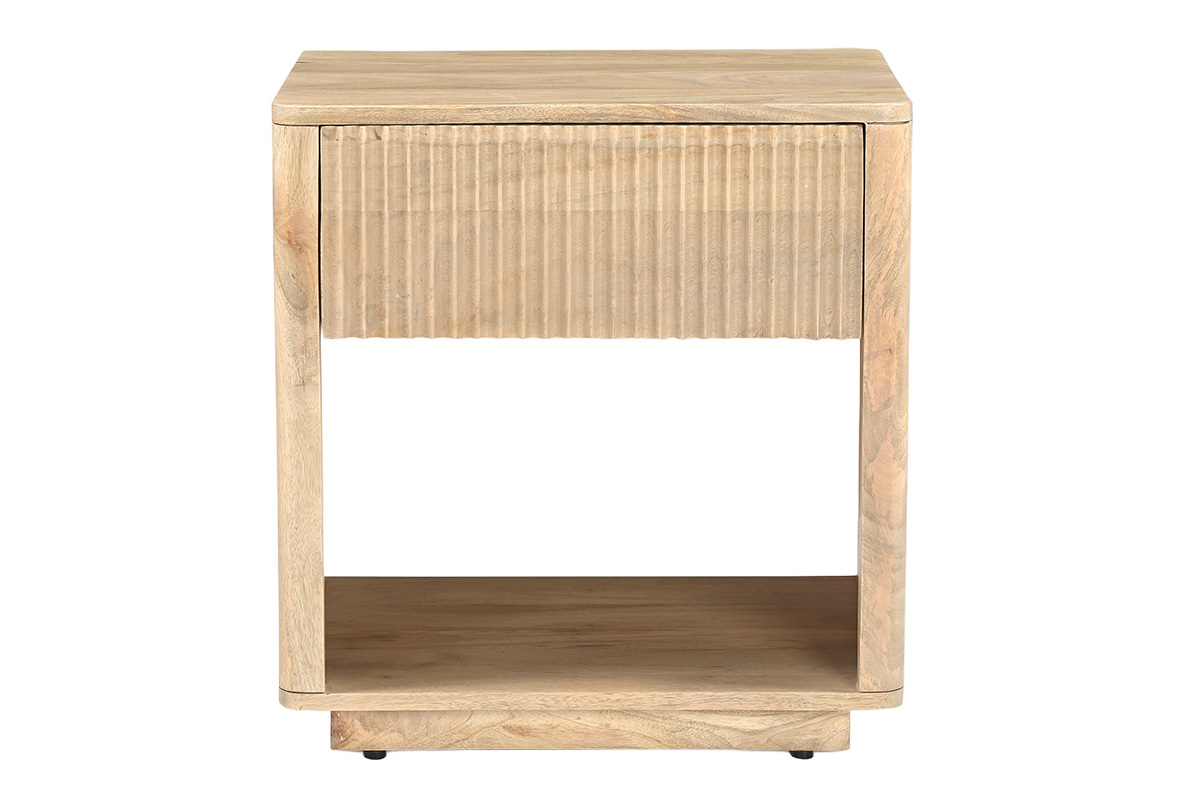 Table de chevet ALDA en bois clair, vue de face, avec tiroir et niche ouverte.