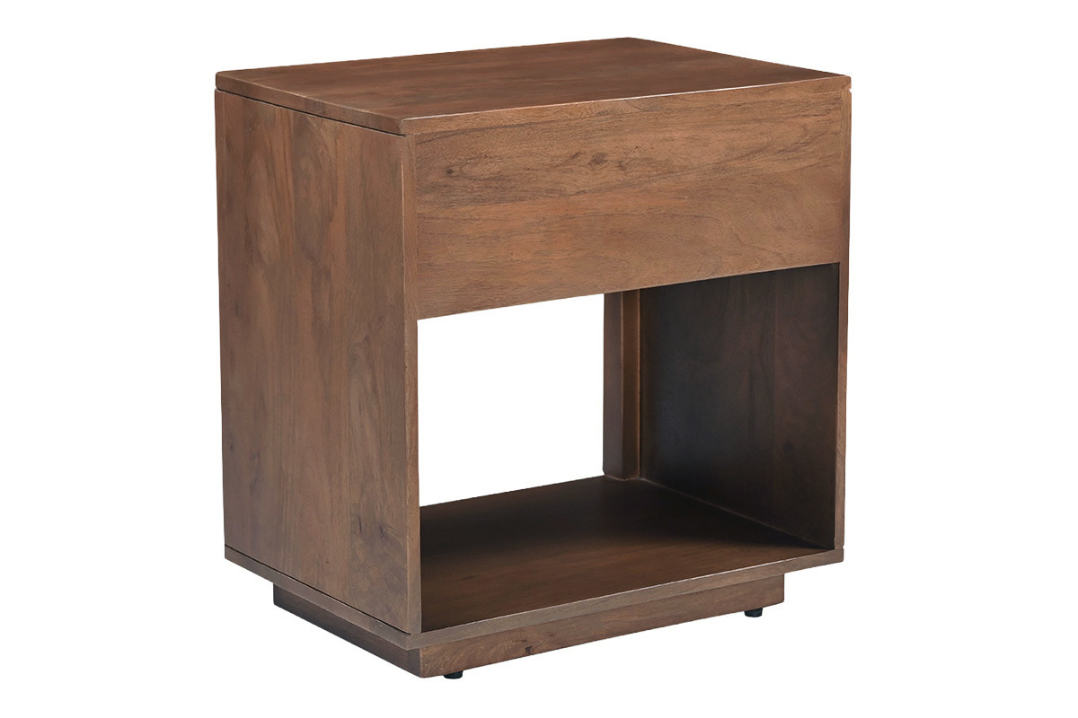 Table de chevet en bois fonc� manguier massif avec tiroir, vue de trois-quarts dos