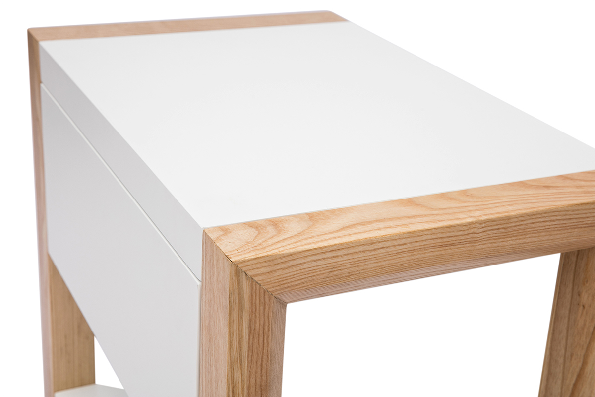 Table de chevet blanc et bois clair fr�ne massif ARMEL