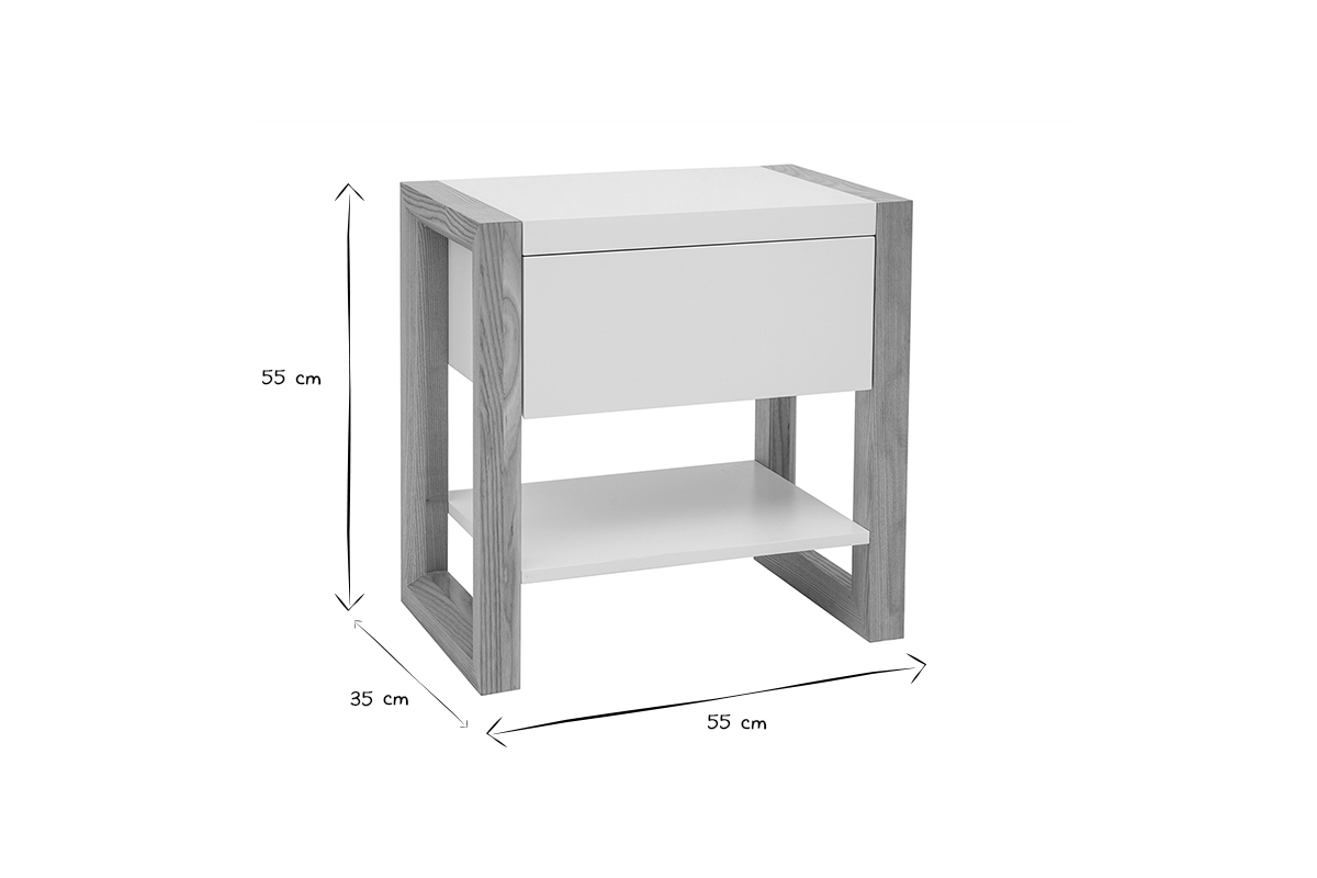 Table de chevet blanc et bois clair fr�ne massif ARMEL