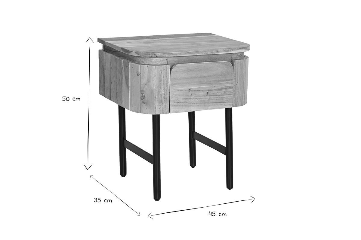 Table de chevet en bois massif et m�tal noir avec tiroir NAPOLI