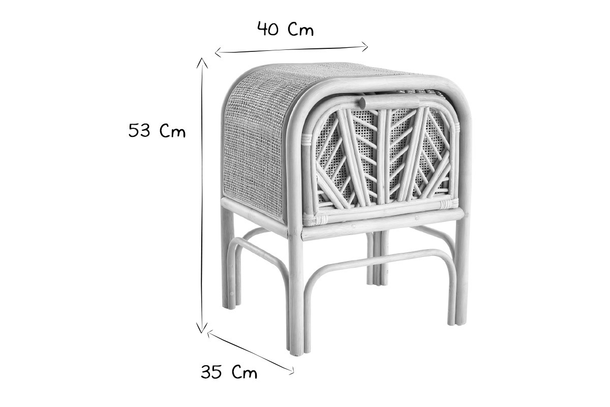 Table de chevet en rotin en noir et blanc de dimensions 53x40x35 cm.