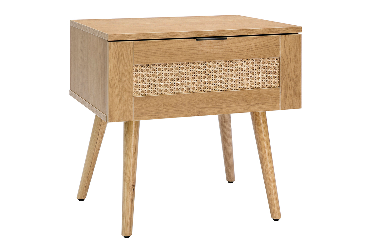 Table de chevet finition bois clair, cannage rotin et m�tal noir MANILLE