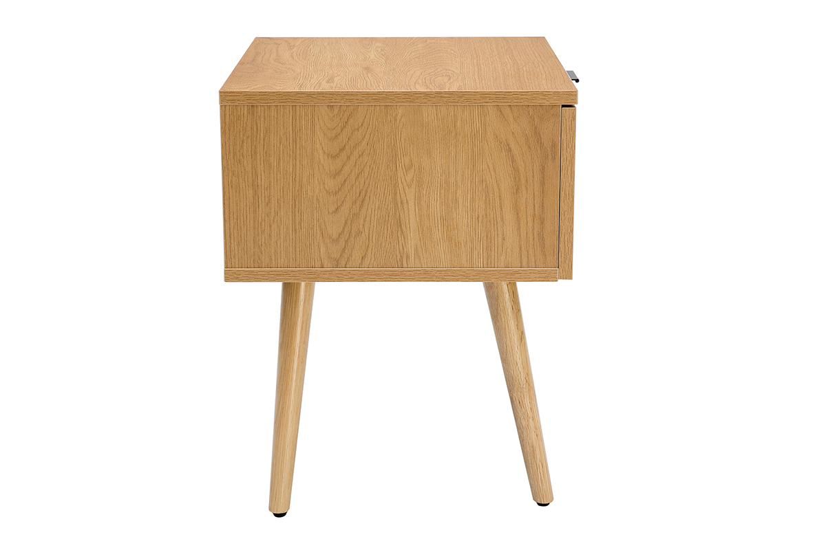 Table de chevet finition bois clair, cannage rotin et m�tal noir MANILLE