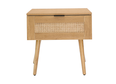 Table de chevet finition bois clair, cannage rotin et m&eacute;tal noir MANILLE