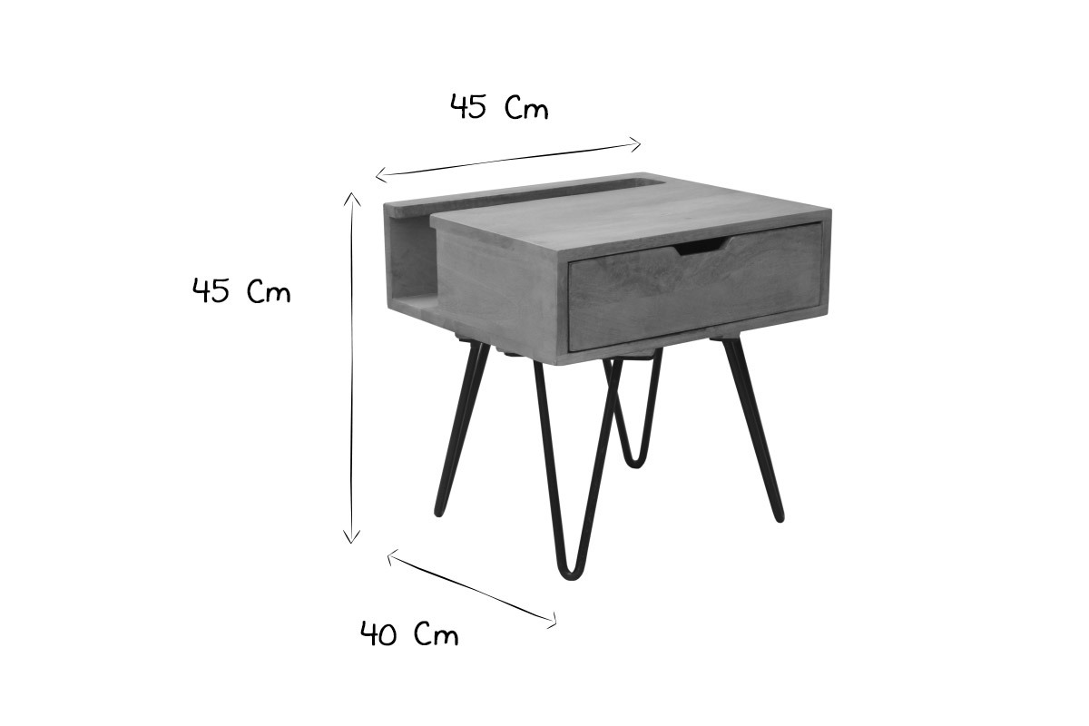 Table de chevet industrielle bois manguier massif et m�tal noir VIBES