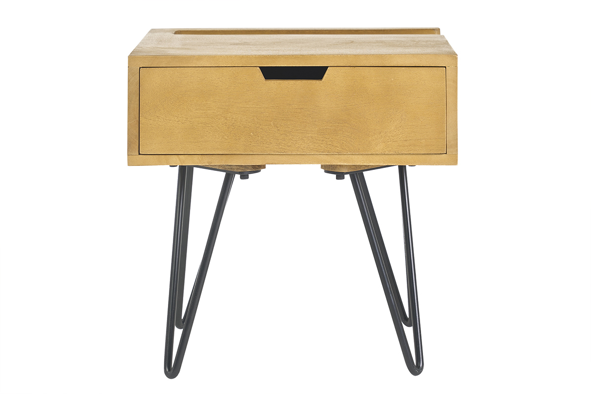 Table de chevet industrielle bois manguier massif et m�tal noir VIBES