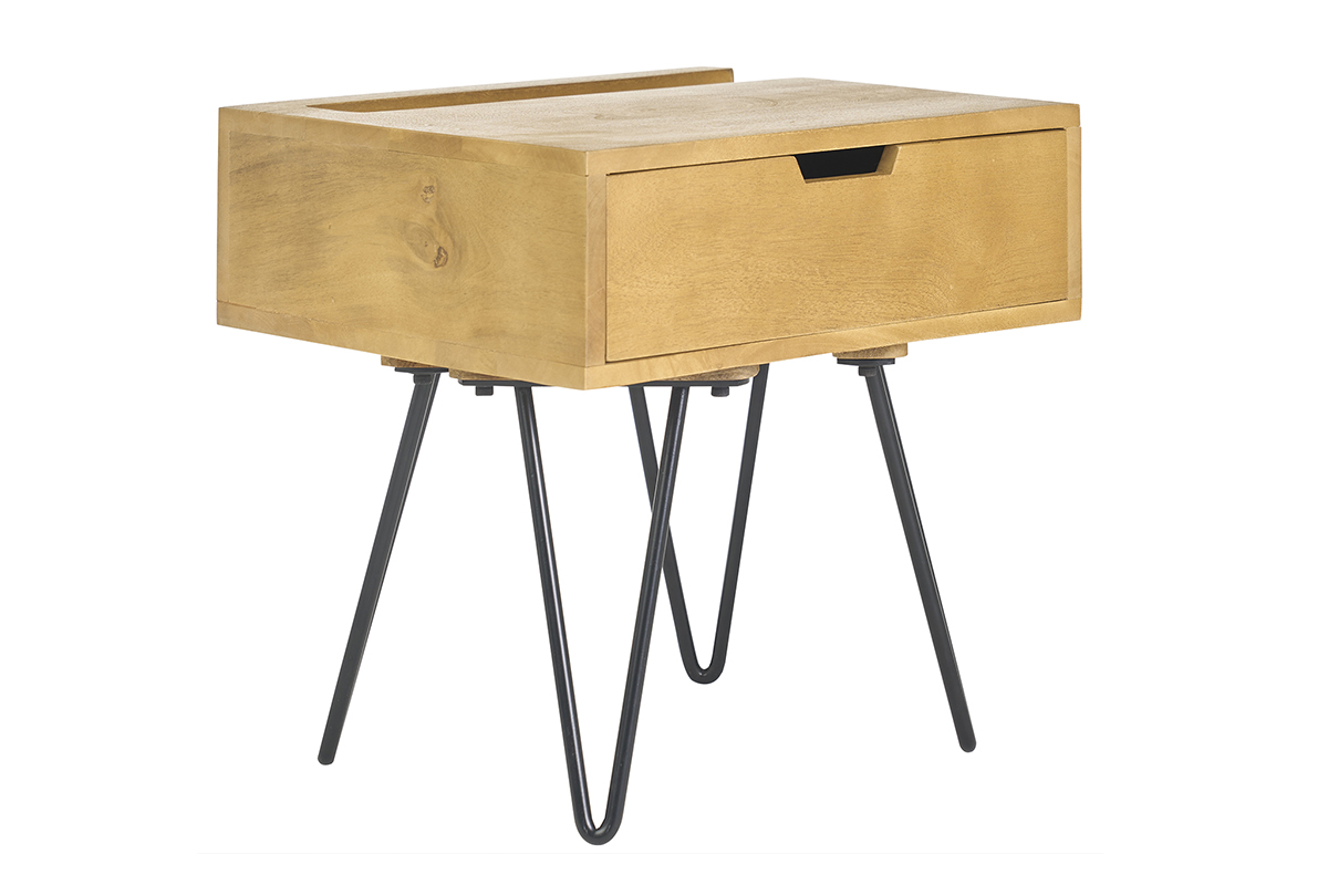 Table de chevet industrielle bois manguier massif et m�tal noir VIBES
