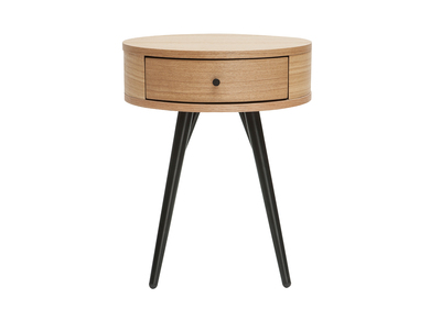 Table de chevet ronde avec tiroir bois clair et m&eacute;tal noir KORAL