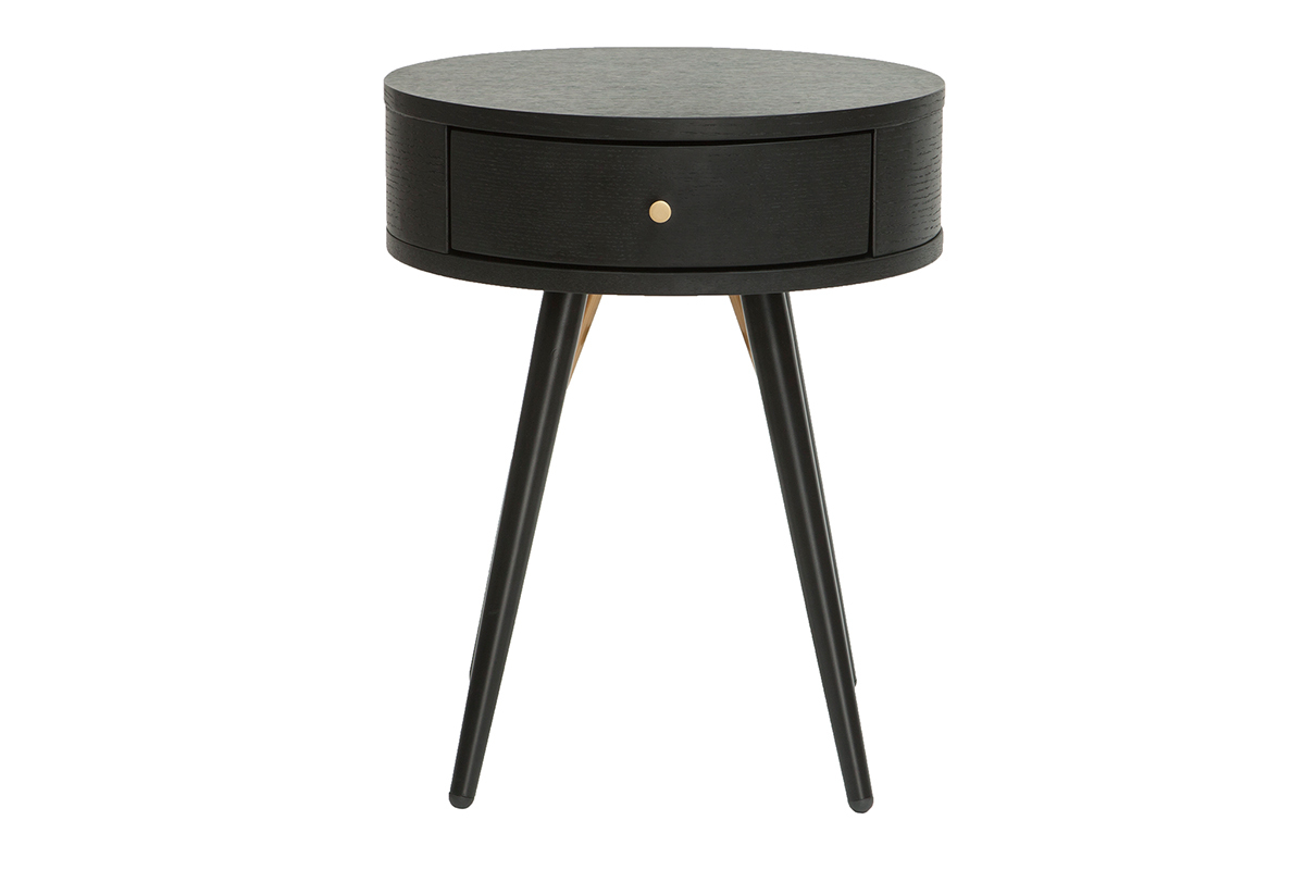 Table de chevet ronde avec tiroir bois et m�tal noir KORAL