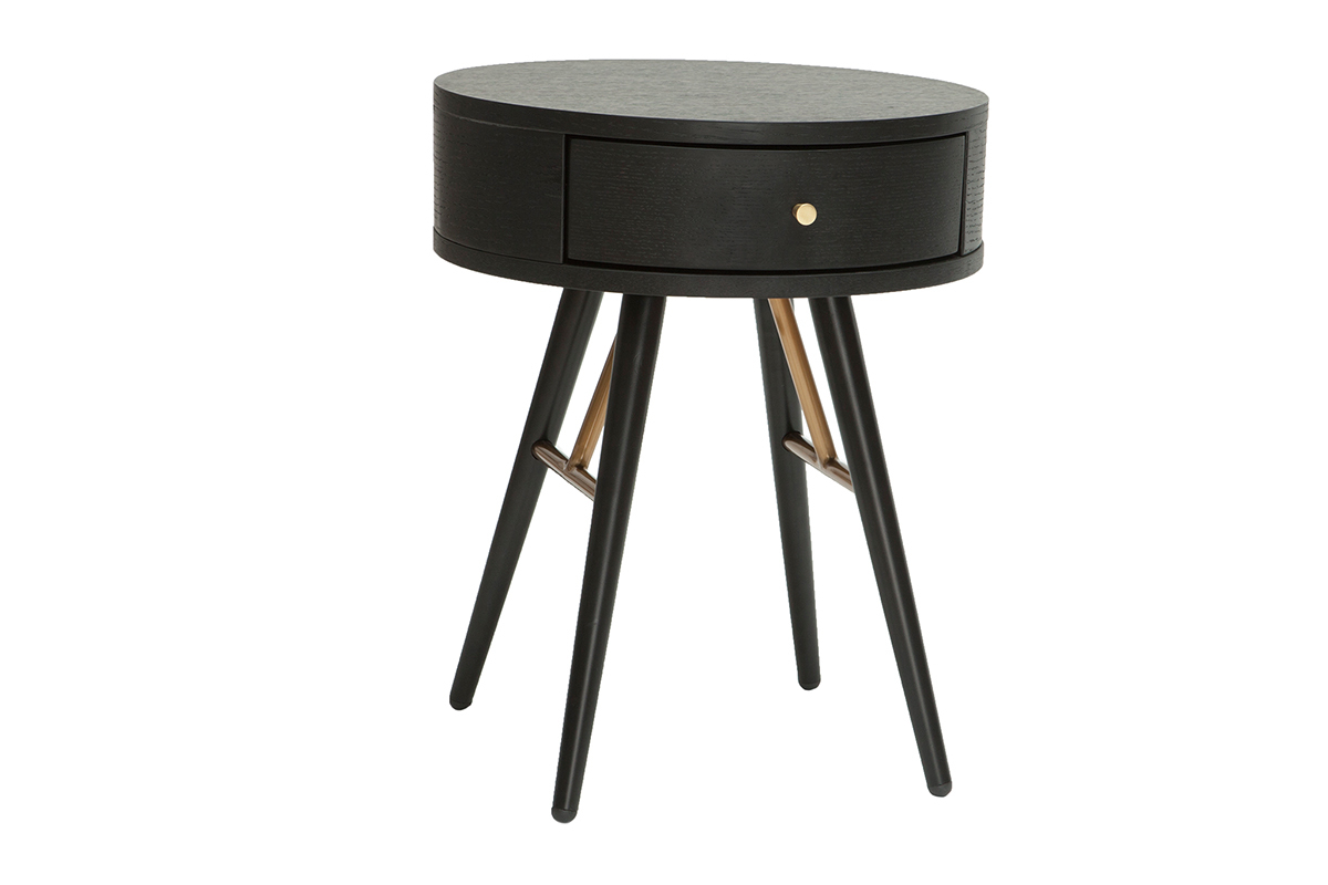 Table de chevet ronde avec tiroir bois et m�tal noir KORAL