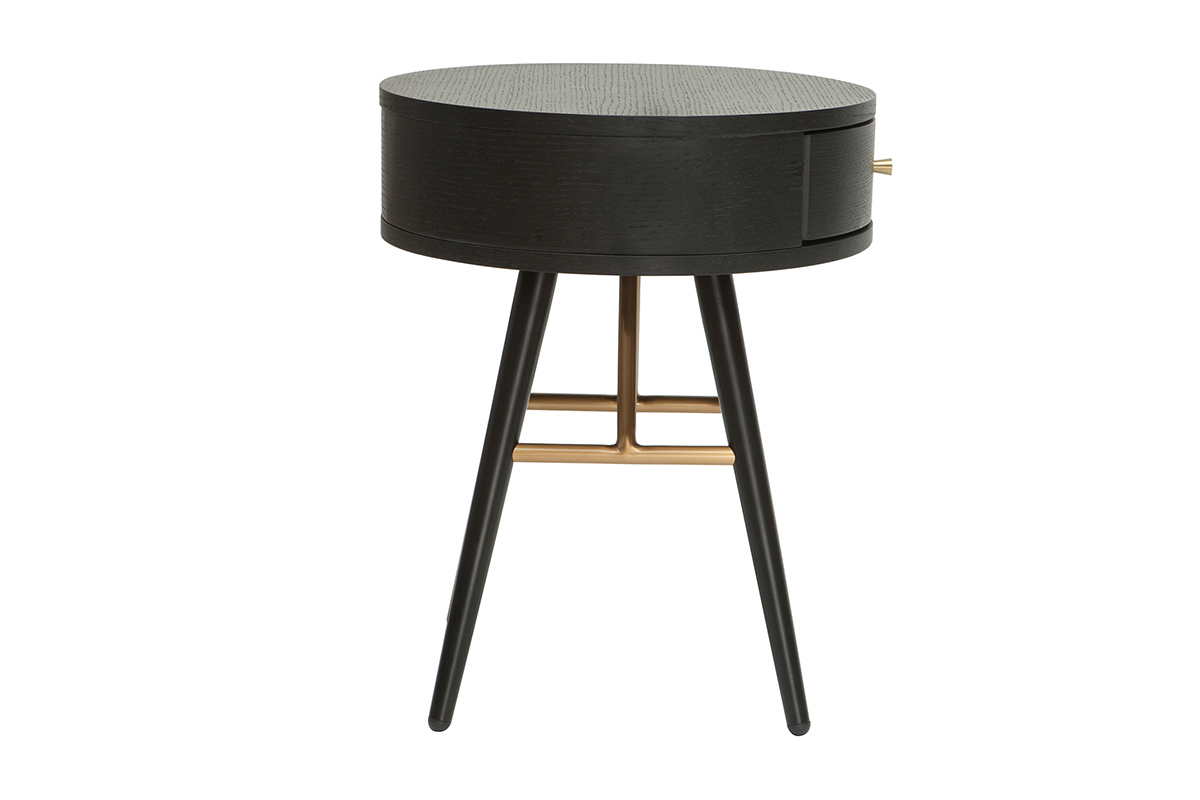 Table de chevet ronde avec tiroir bois et m�tal noir KORAL