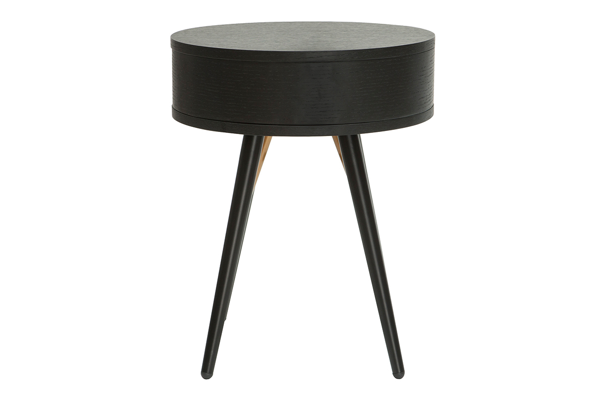 Table de chevet ronde avec tiroir bois et m�tal noir KORAL