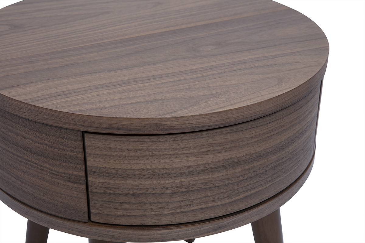 Table de chevet ronde en bois fonc� avec tiroir JUDITH, vue de c�t�.