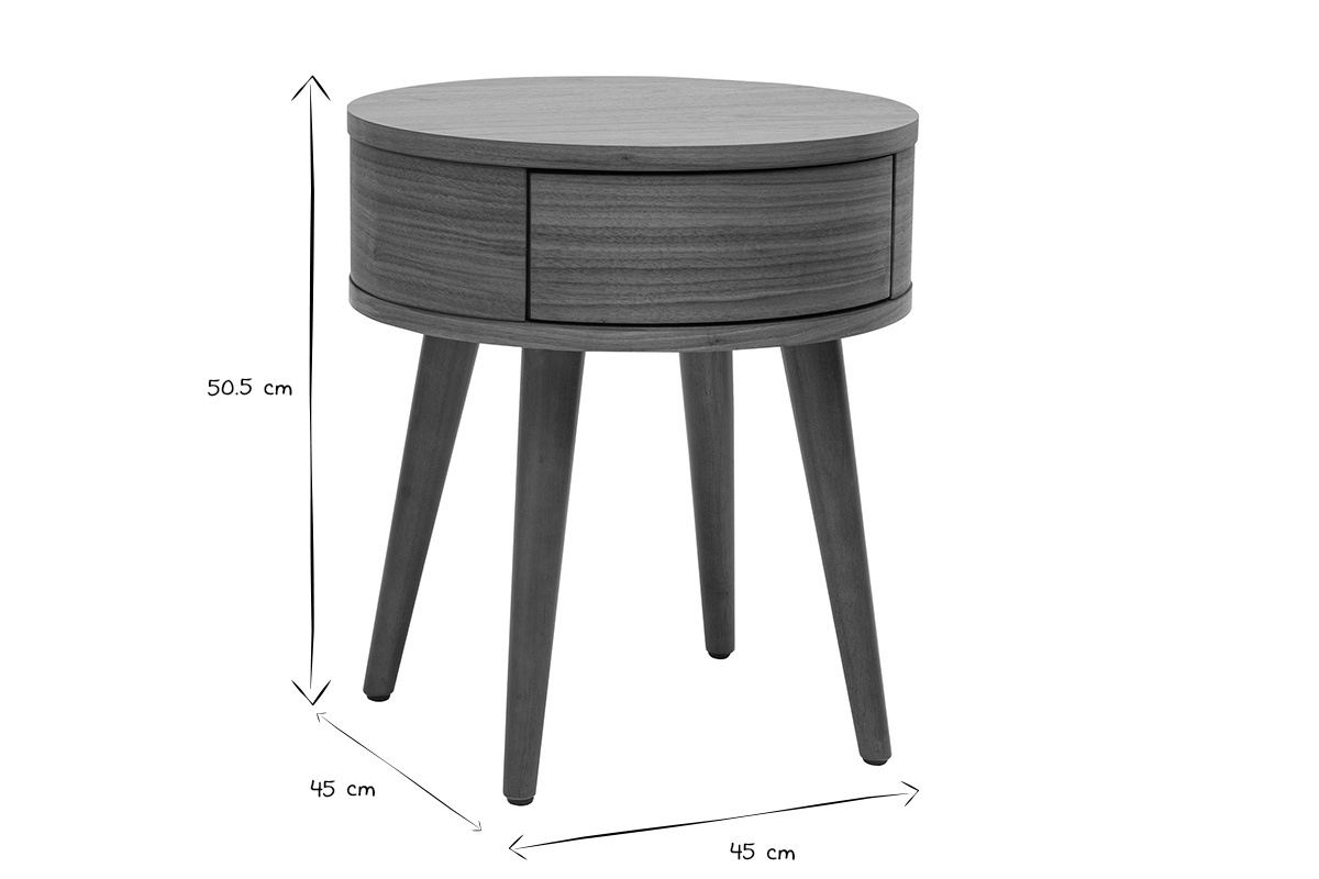 Table de chevet ronde en bois, dimensions 50.5x45 cm, en noir et blanc, vue de face.