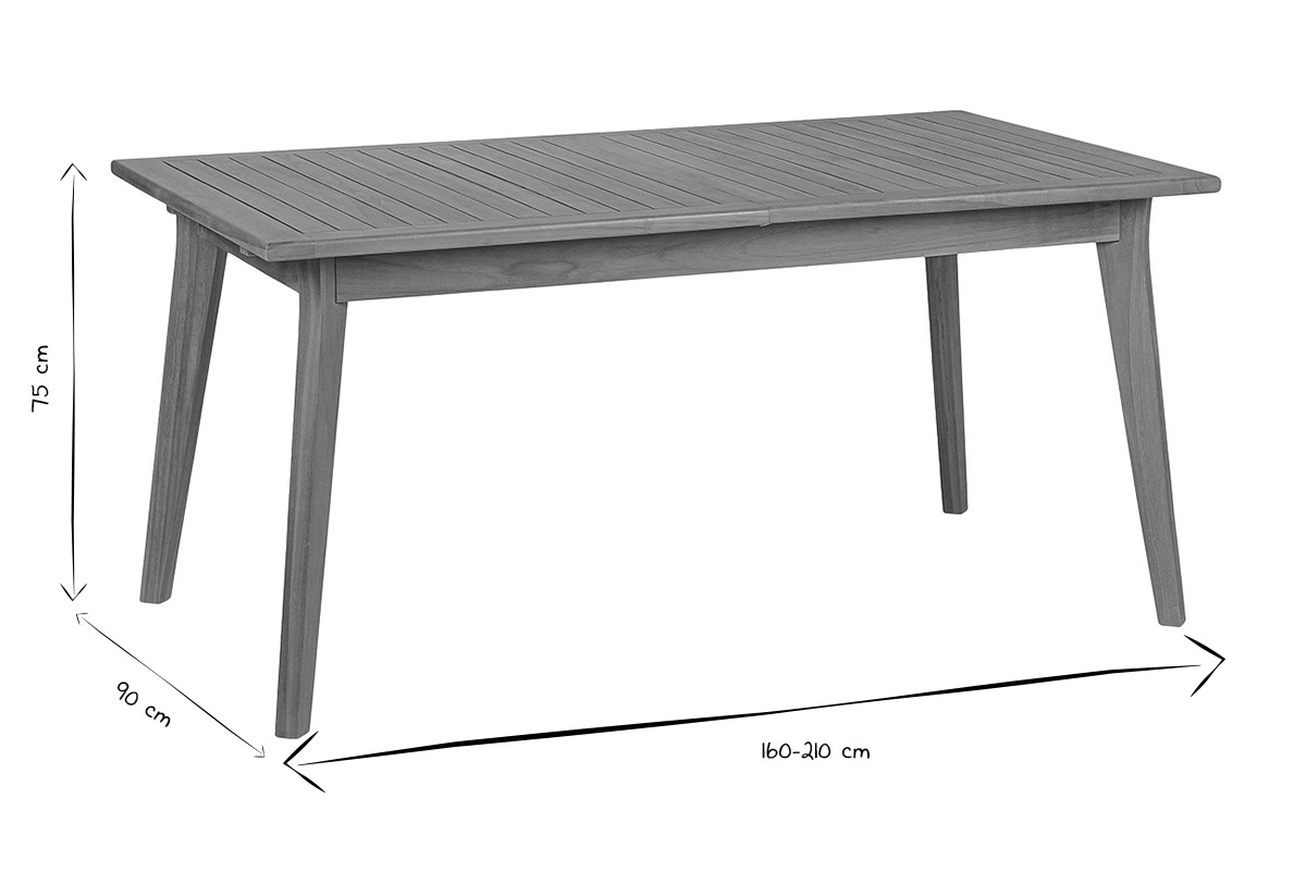 Dimensions de la table de jardin extensible en bois de teck massif, en noir et blanc.