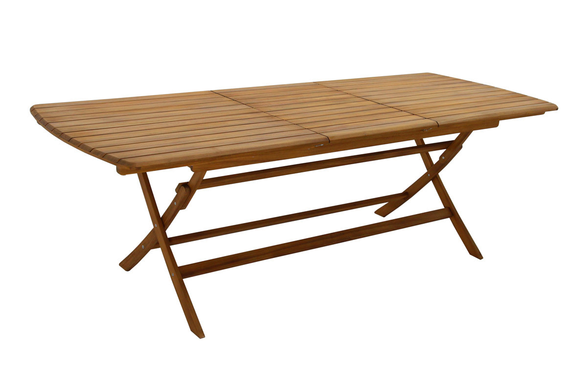 Table de jardin extensible, en bois massif acacia, vue de 3/4, longueur 180-240 cm, pliable.