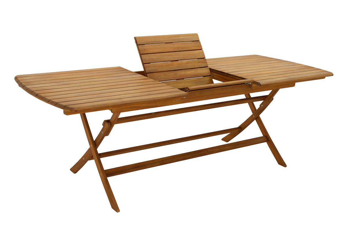 Table de jardin extensible en bois massif, vue de 3/4 avec rallonges int�gr�es, dimensions L180-240 cm.