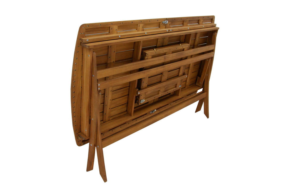 Table de jardin extensible en bois massif, vue arri�re, pli�e, avec rallonges int�gr�es.