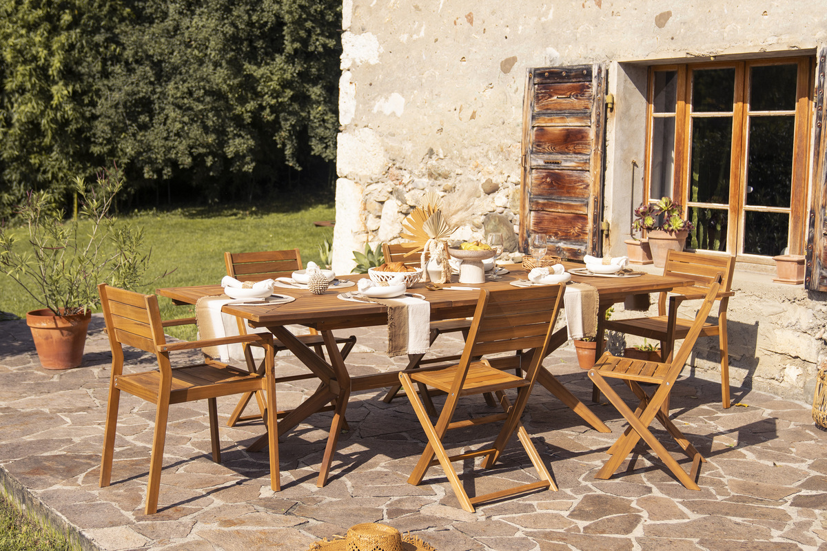 Table de jardin extensible rallonges int�gr�es en bois massif L180-240 cm SANTO