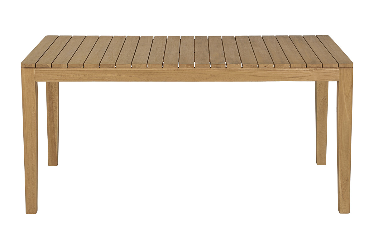 Table de jardin rectangulaire en teck massif, vue de face, avec plateau � lattes.