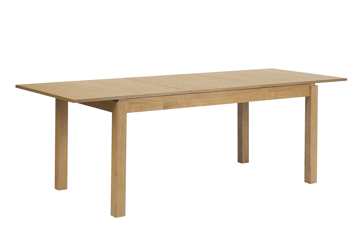 Table � manger extensible en bois clair ch�ne vue de 3/4, dimensions L170-230 cm.