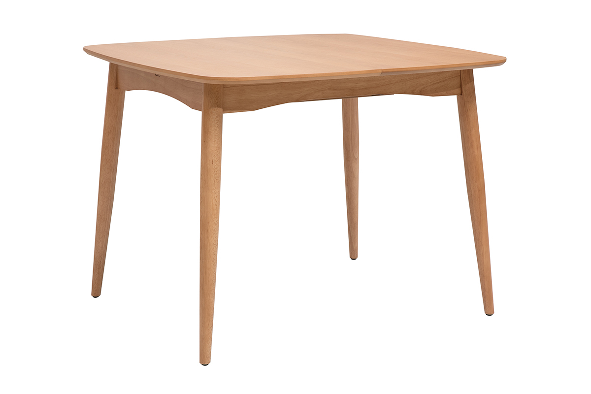 Table extensible carr�e en bois clair ch�ne, vue de trois quarts, rallonges int�gr�es.