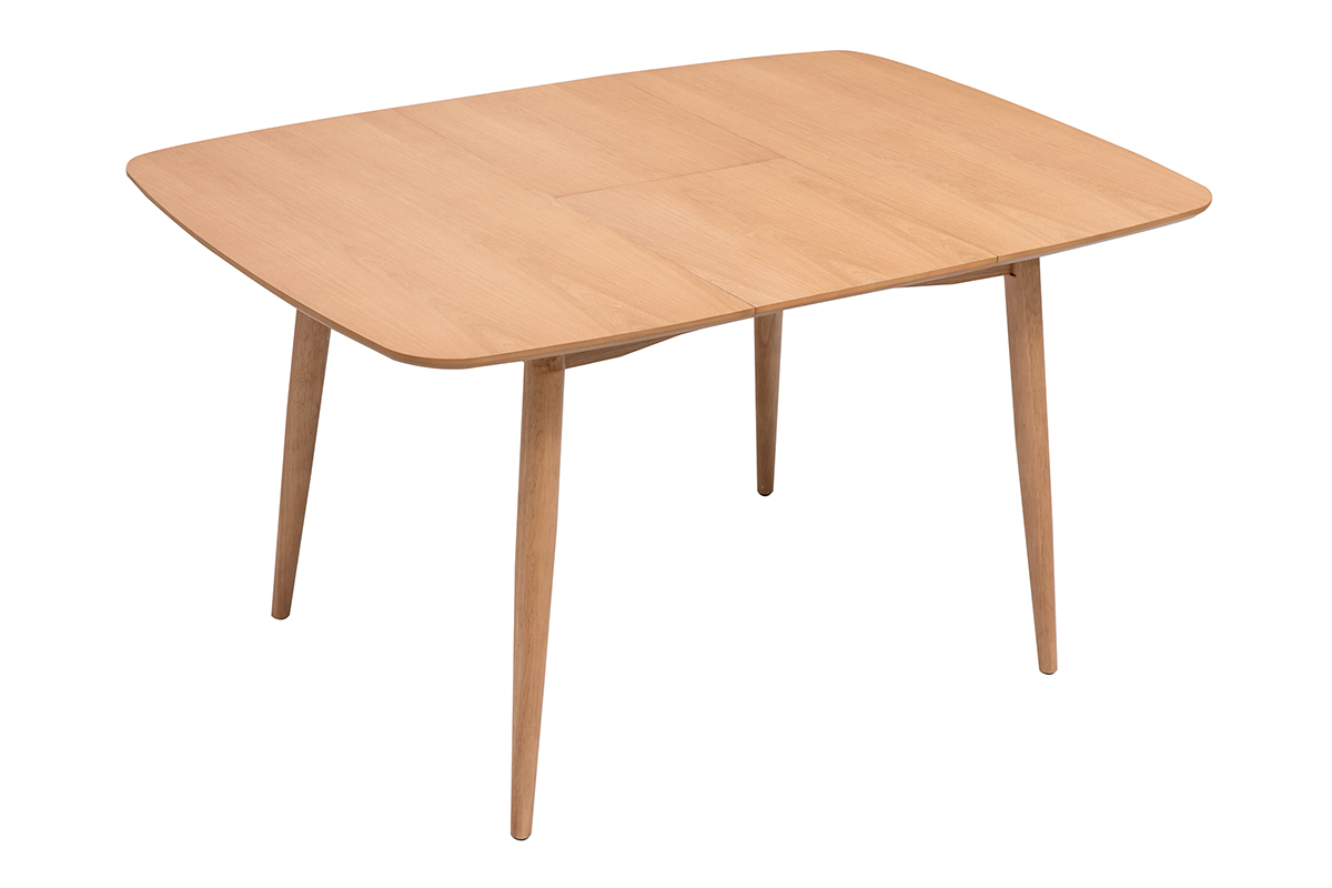 Table extensible carr�e en bois clair ch�ne, vue de deux angles avec rallonges int�gr�es.
