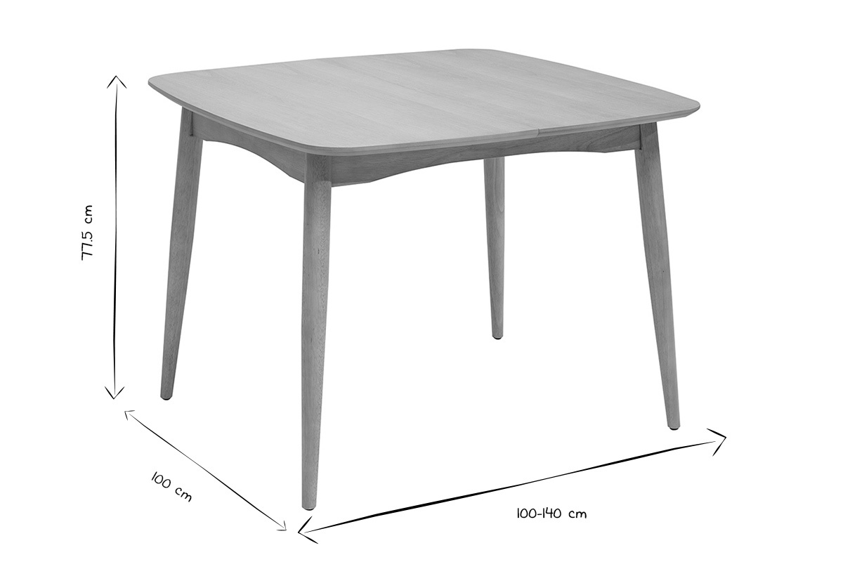 Dimensions de la table extensible carr�e HELMA en noir et blanc, L100-140 cm, H77.5 cm.
