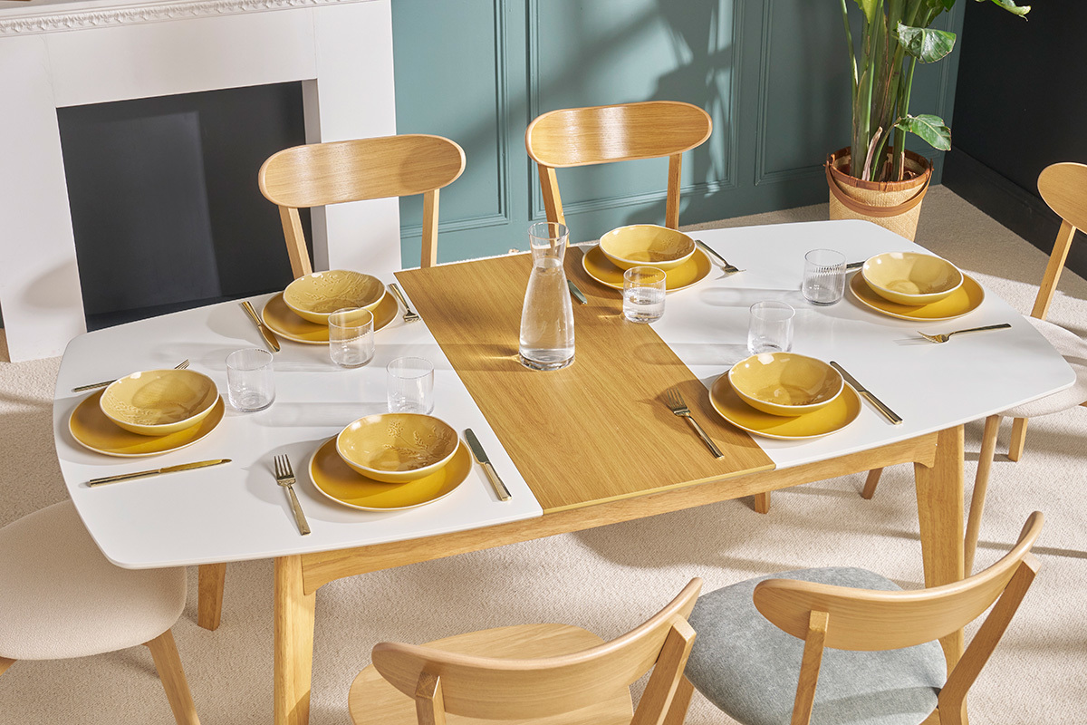 Table extensible rallonges int�gr�es rectangulaire blanc et bois L140-180 cm MEENA