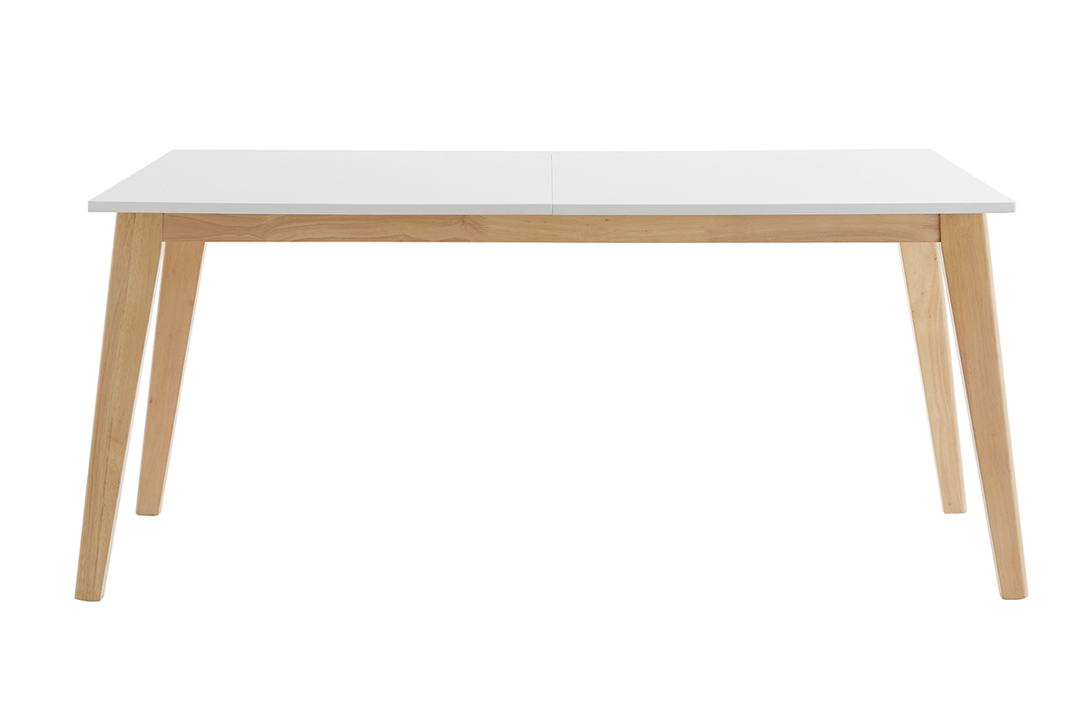 Table extensible rectangulaire blanche et bois clair vue de face, dimensions L160-205 cm.