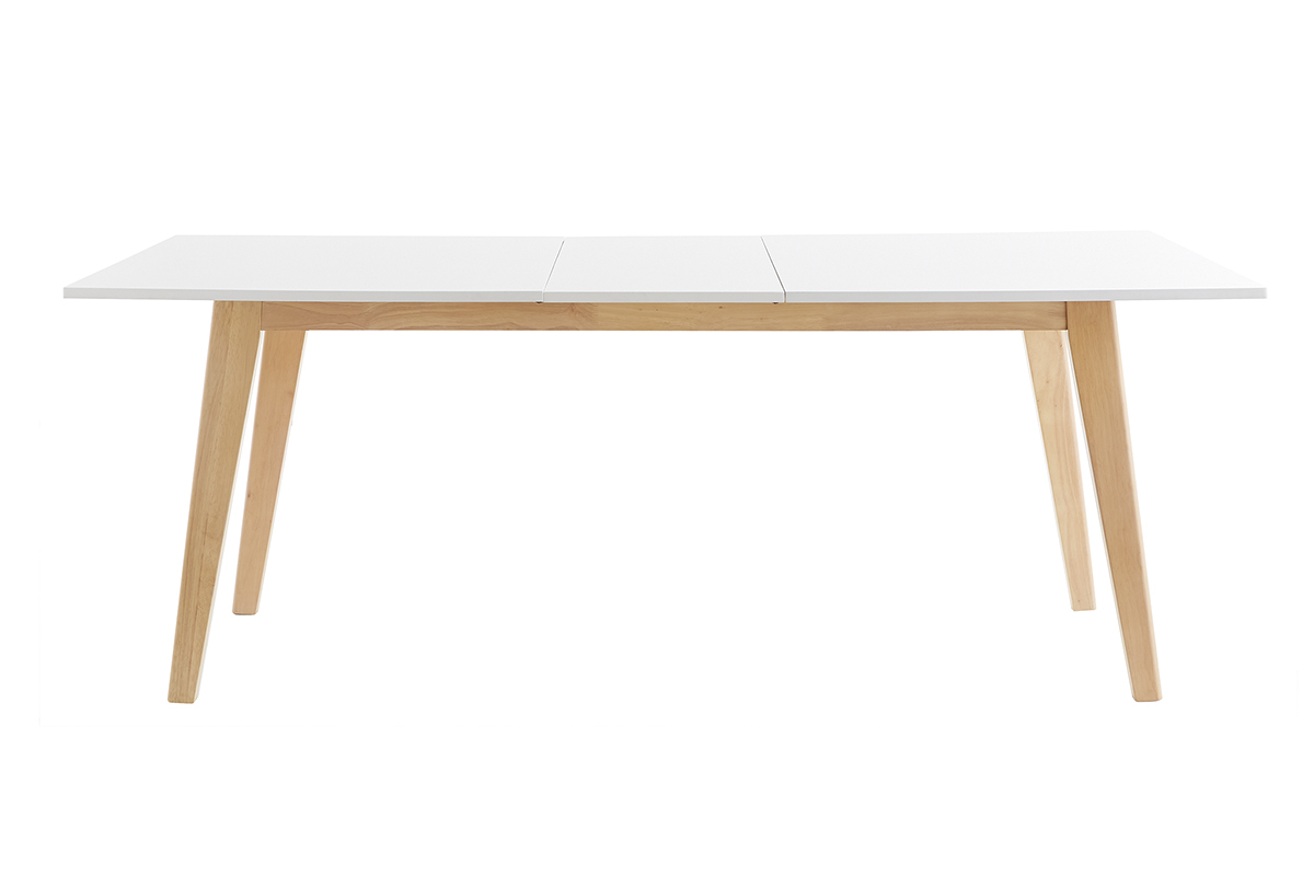 Table extensible rectangulaire blanche et bois clair avec rallonges int�gr�es, vue de face.