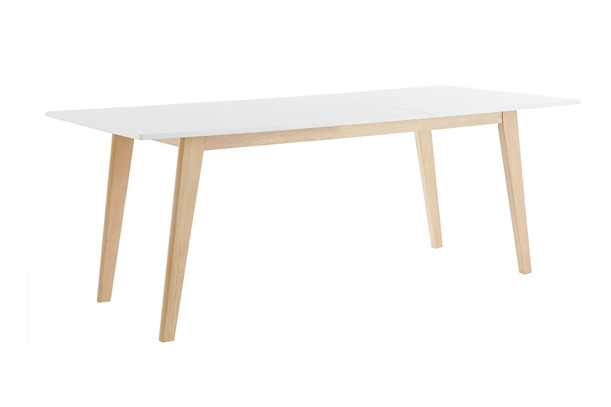 Table rectangulaire extensible blanche et bois clair � rallonges int�gr�es, vue de c�t�.
