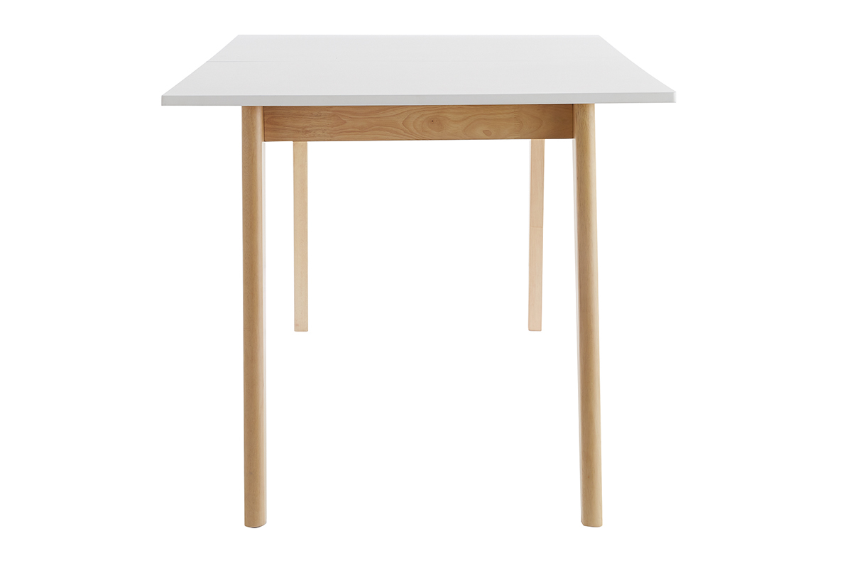 Table extensible rectangulaire blanche et bois clair, vue de profil, 6 � 8 personnes.