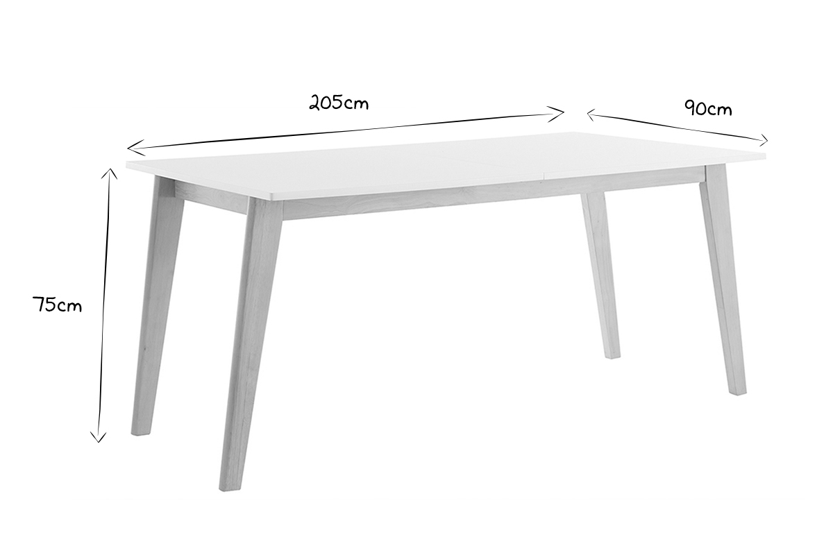 Dimensions de la table extensible rectangulaire blanche et bois clair en noir et blanc : 205 cm x 90 cm x 75 cm.