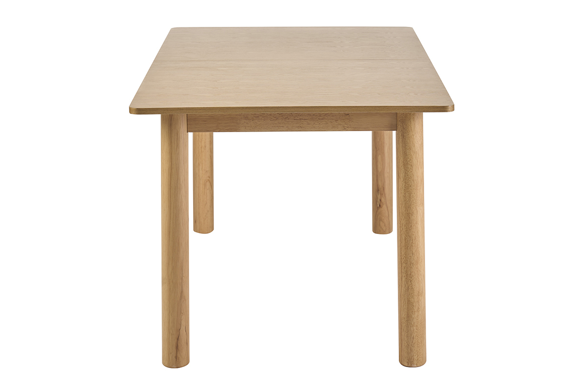 Table � manger extensible rectangulaire en bois clair, vue de profil.